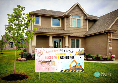 personalized construction and ballet birthday banner for joint birthday themed party
