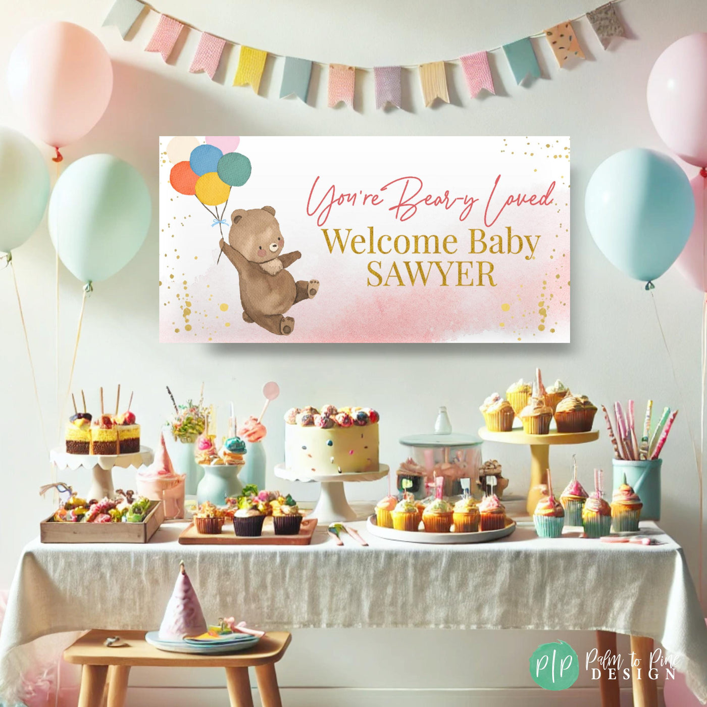 You&#39;re Beary Loved Teddy Bear with Balloons Party Decorations for Teddy Bear themed baby shower with pink and blue dessert table