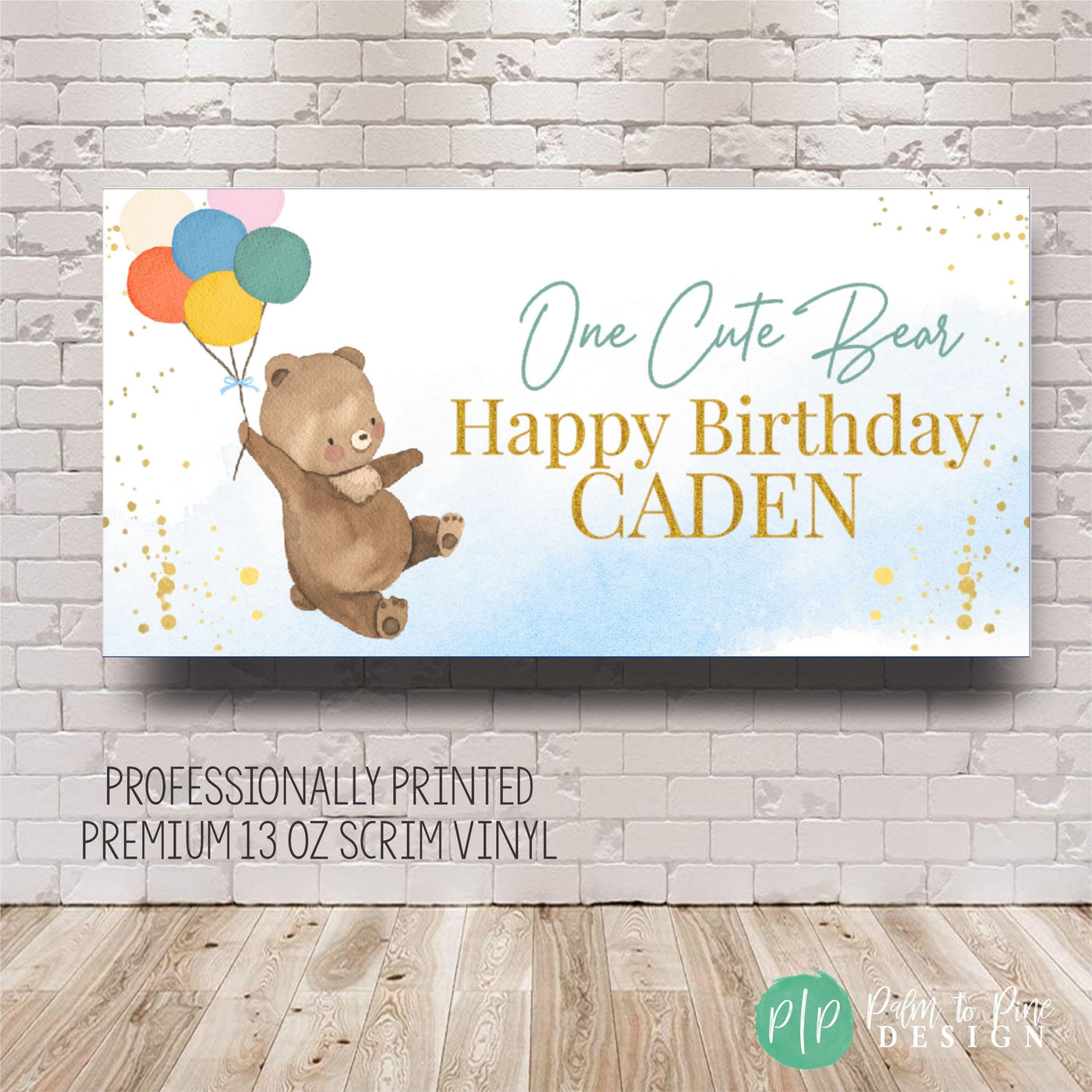 One Cute Bear Birthday Backdrop with light blue background and custom personalization