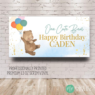 One Cute Bear Birthday Backdrop with light blue background and custom personalization