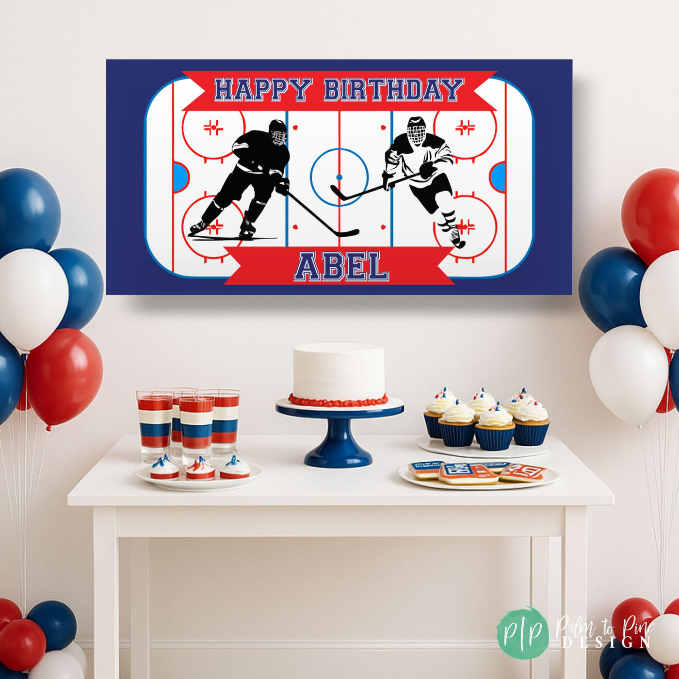 Personalized Hockey Banner for Boys in front of red, white and blue dessert table