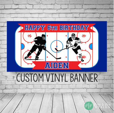 Boys Hockey Banner with ice hockey rink and hockey players including custom birthday message and name