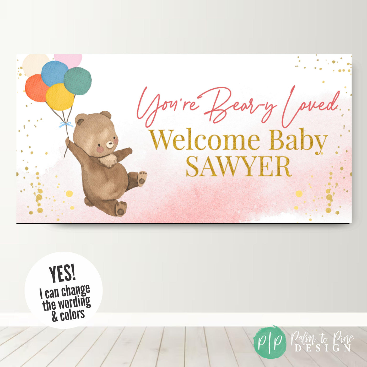 You&#39;re Bearly Loved Teddy Bear with Balloons Baby Shower Banner for Girls