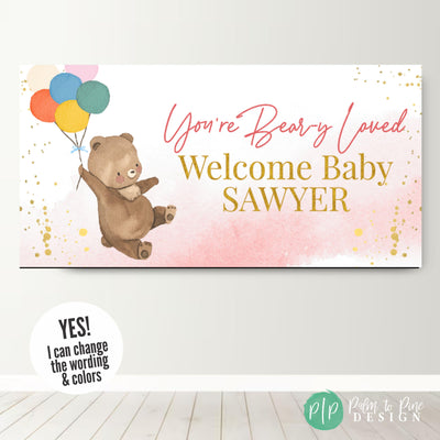 You&#39;re Bearly Loved Teddy Bear with Balloons Baby Shower Banner for Girls