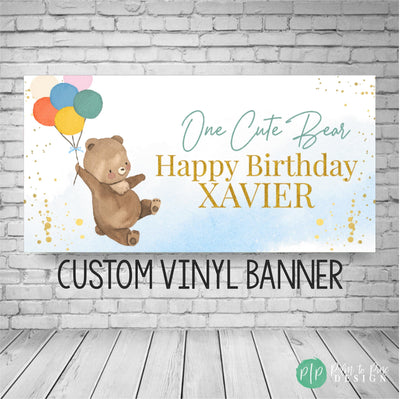 One Cute Bear Birthday Banner with cute brown teddy bear holding a bundle of boho colored rainbow balloons
