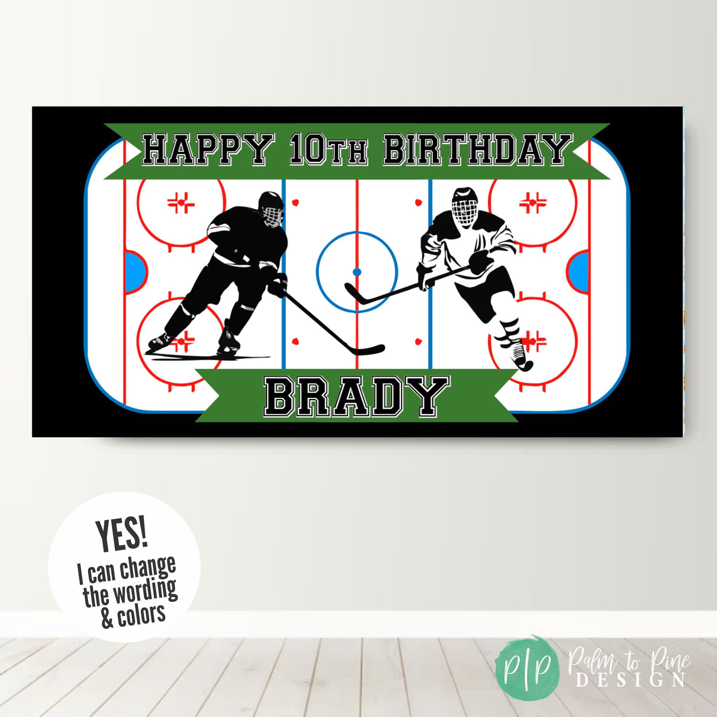 Ice Hockey Birthday Party Banner in Green and Black with ice hockey rink and hockey players