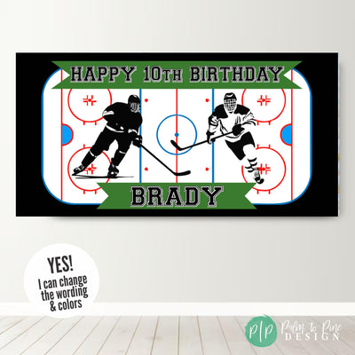 Ice Hockey Birthday Party Banner in Green and Black with ice hockey rink and hockey players