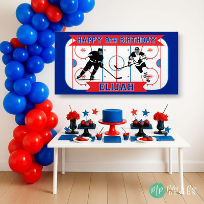 Kids Ice Hockey Birthday Party Banner in front of red and blue star themed dessert table and balloon garland