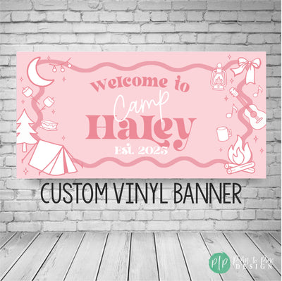Preppy girls glamping birthday banner backdrop