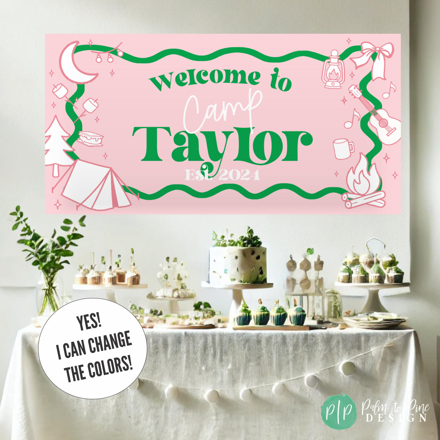 Preppy girls glamping birthday banner displayed above a dessert table with pink, purple, and teal party décor, featuring a tent, lantern, campfire, and marshmallow accents. Personalized with birthday girl’s name and age behind green dessert table