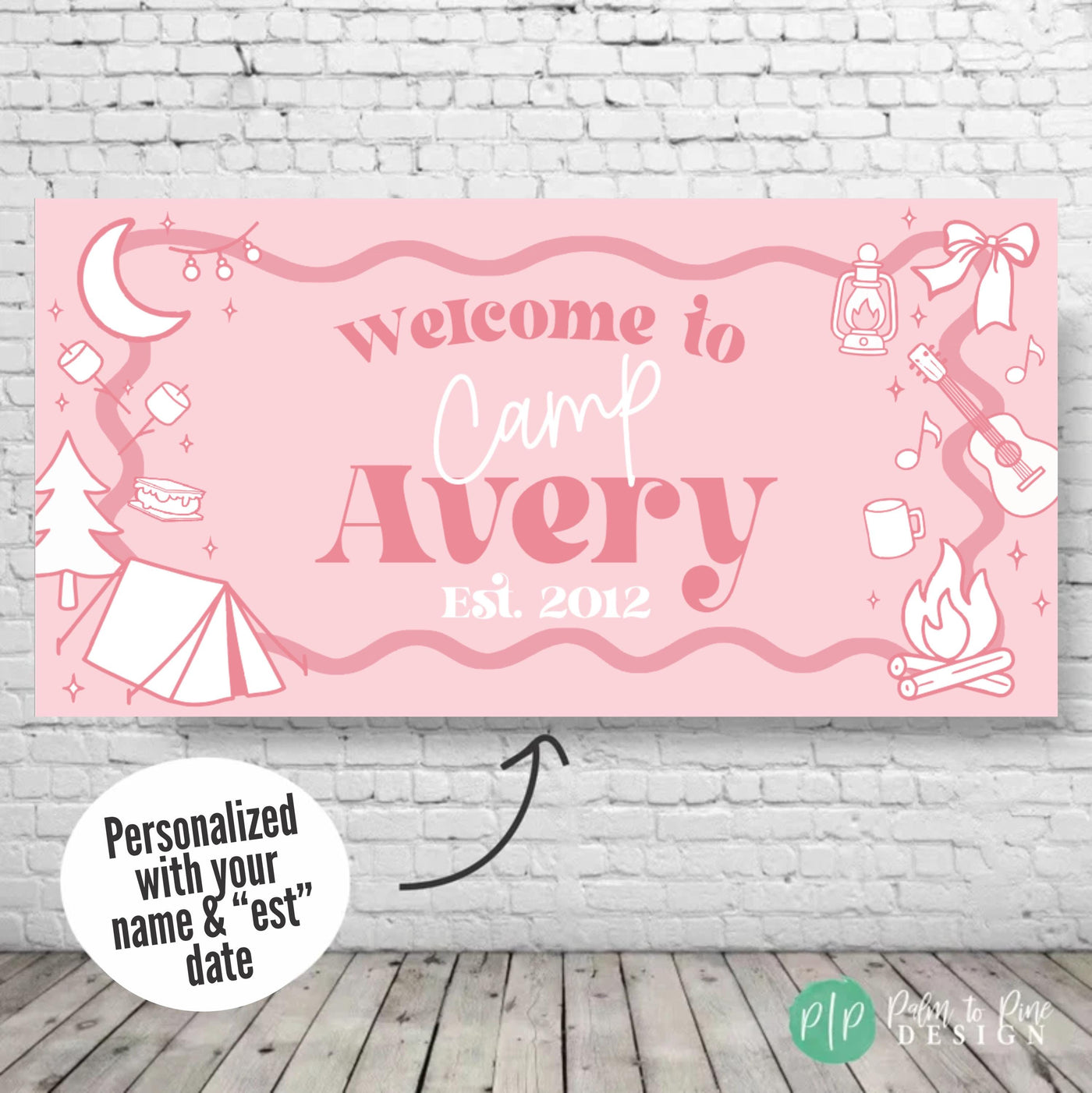 Preppy pink glamping dessert table banner