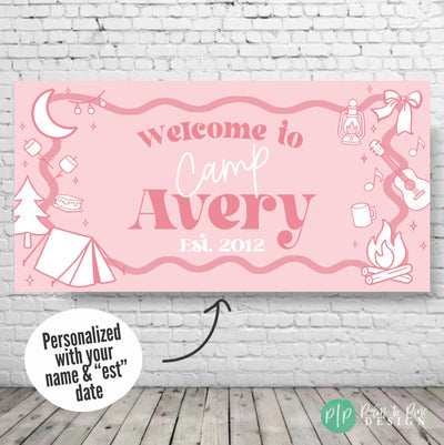Preppy pink glamping dessert table banner