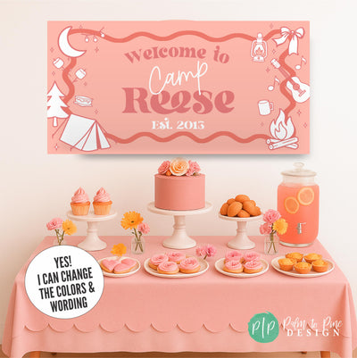 Personalized glamping party tent banner in coral and pink color scheme