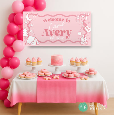 Personalized preppy glamping birthday party banner featuring pink tent, lantern, and campfire artwork. Shown as a backdrop for a girly outdoor-themed sleepover celebration