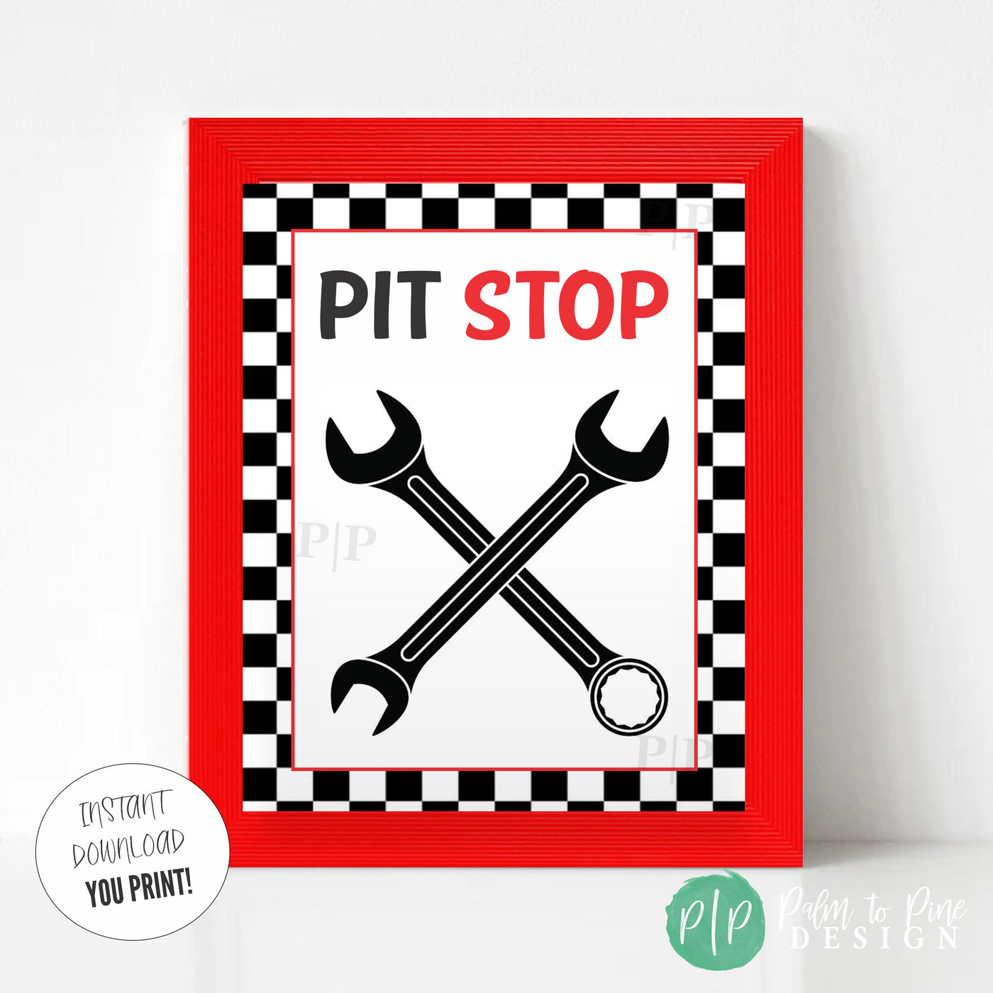 Pit Stop racecar party sign with red and black text, checkered flag background, and wrenches illustration