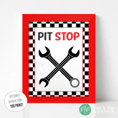 Pit Stop racecar party sign with red and black text, checkered flag background, and wrenches illustration
