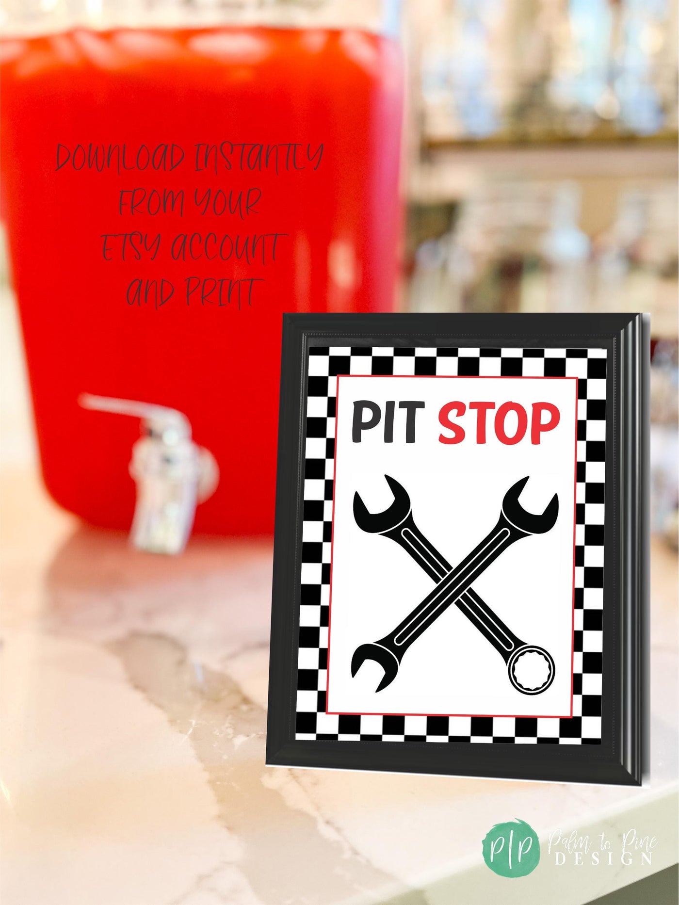 Printable racing birthday sign reading Pit Stop, bold design with checkered flags and wrench graphics