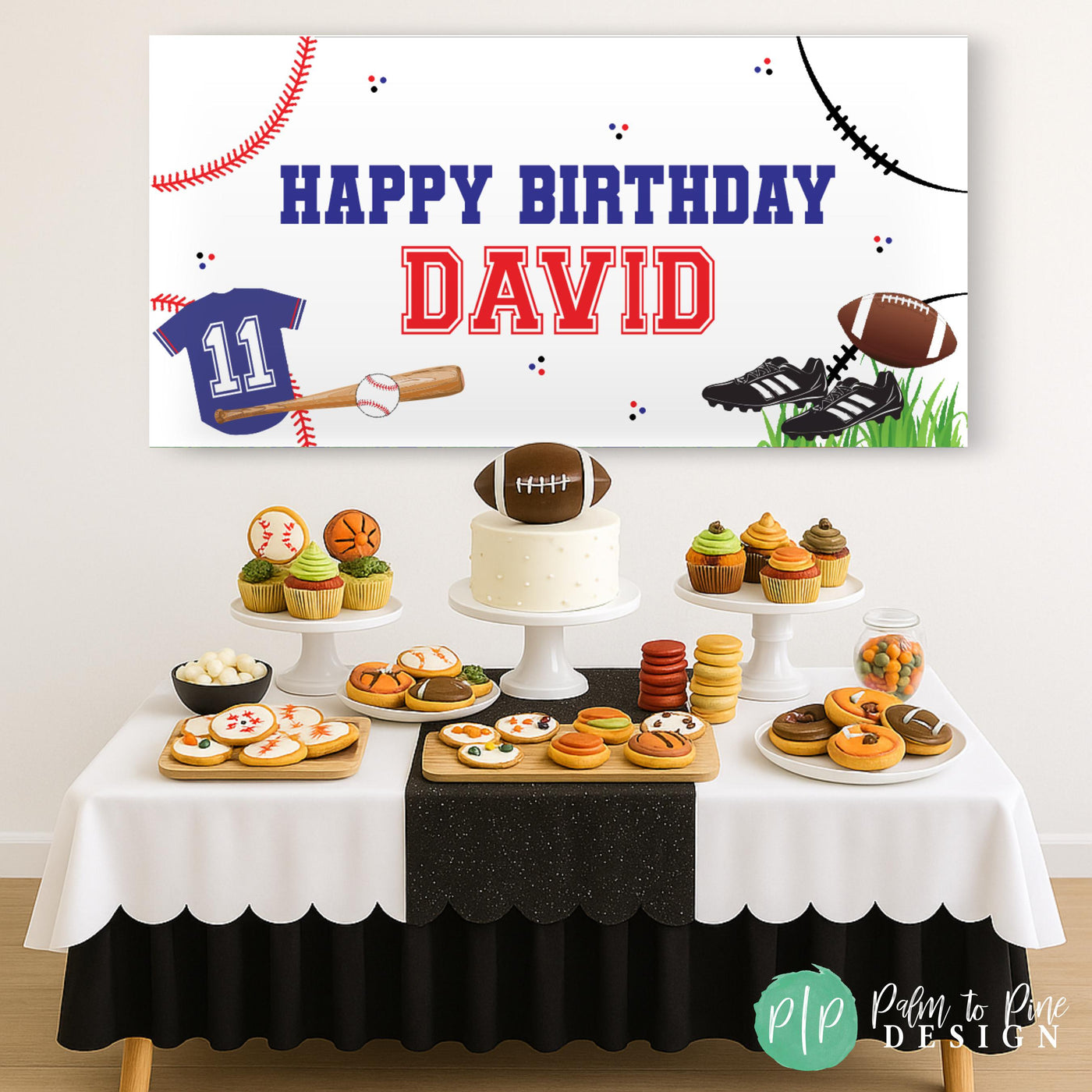 Sports Birthday Banner with Football and Baseball Design