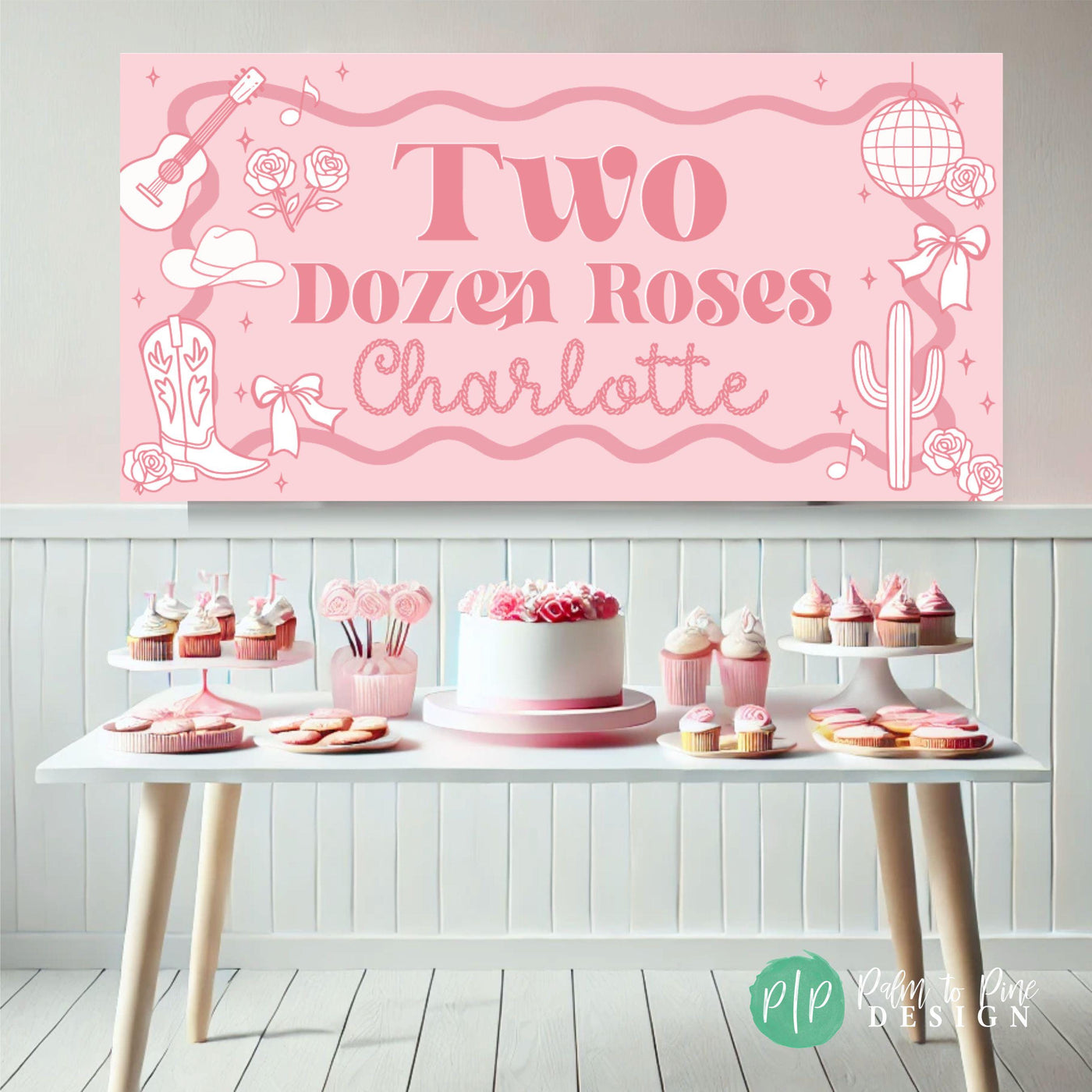 Country western banner with cactus, roses, guitar and disco ball in girly pink, red, and white colors that says Two Dozen Roses