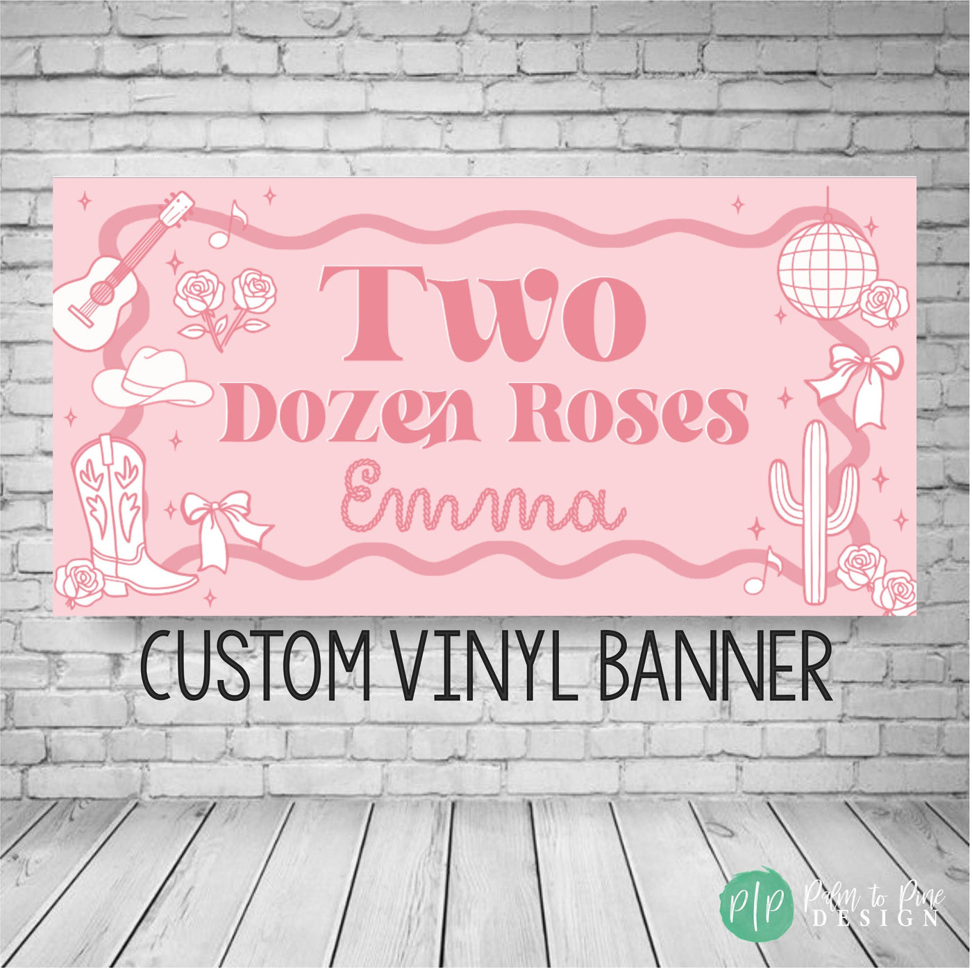 Two Dozen Roses themed birthday banner with guitars, cactus, roses and disco ball in pink, red and white country western style