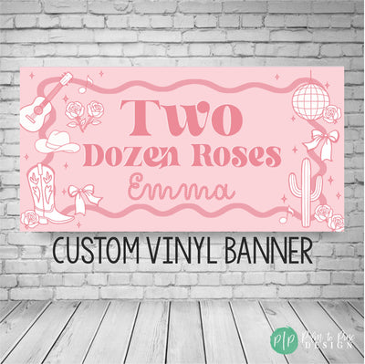 Two Dozen Roses themed birthday banner with guitars, cactus, roses and disco ball in pink, red and white country western style