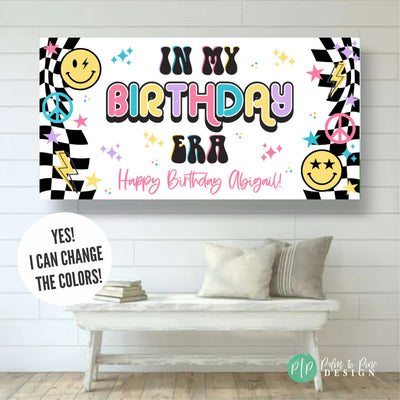 In My Birthday Era banner with peace signs and lightning bolts