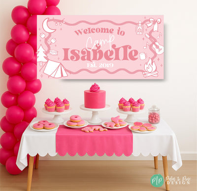 Girls’ glamping birthday banner styled for a tent sleepover party, with preppy camping artwork and coordinating pink, teal, and purple decorations