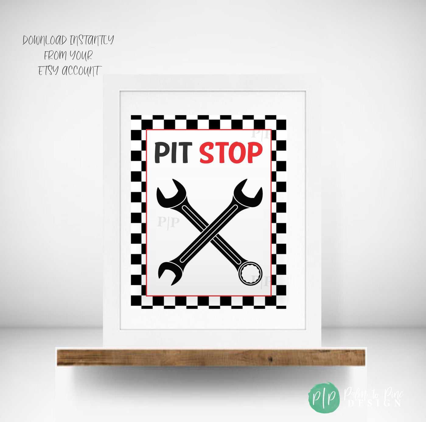 Pit Stop printable racecar party decoration with bold racing colors and tools illustration