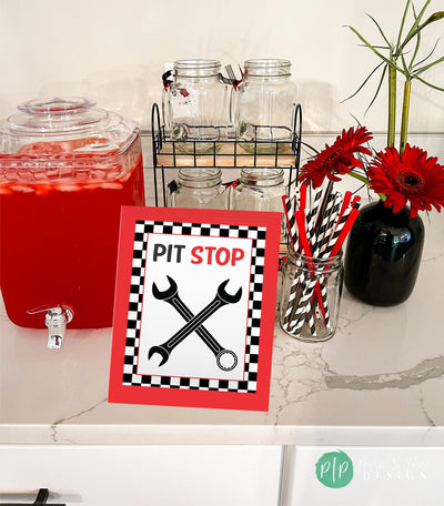 Kids racecar birthday sign for drink or favor table, Pit Stop theme with wrenches and checkered flag border