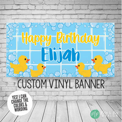 Yellow Rubber Duck Birthday Banner with Bubbles