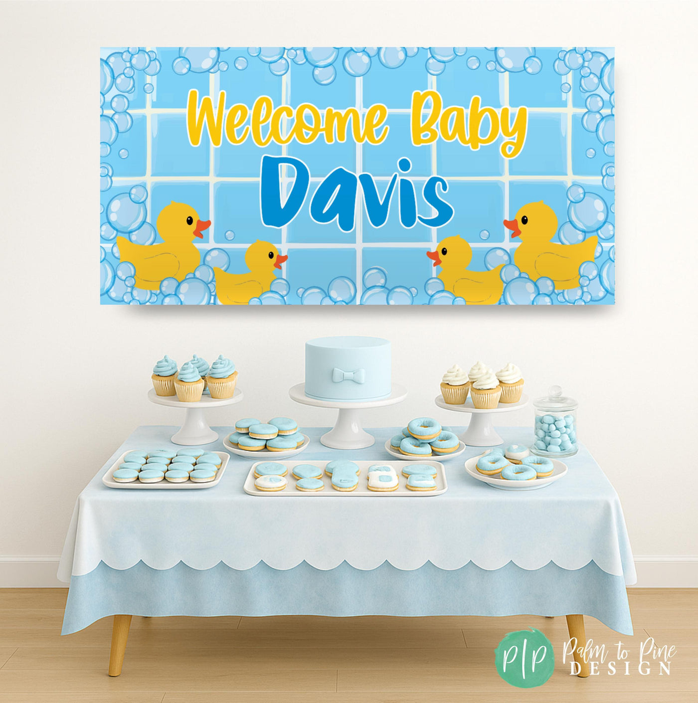 rubber duck baby shower banner with bubbles