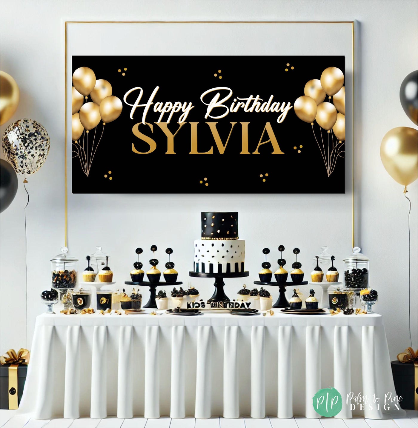 Gold theme birthday banner with name and balloons