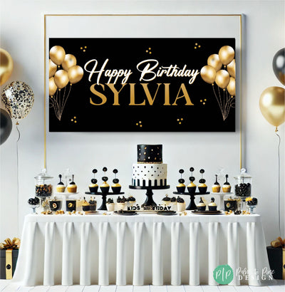 Gold theme birthday banner with name and balloons