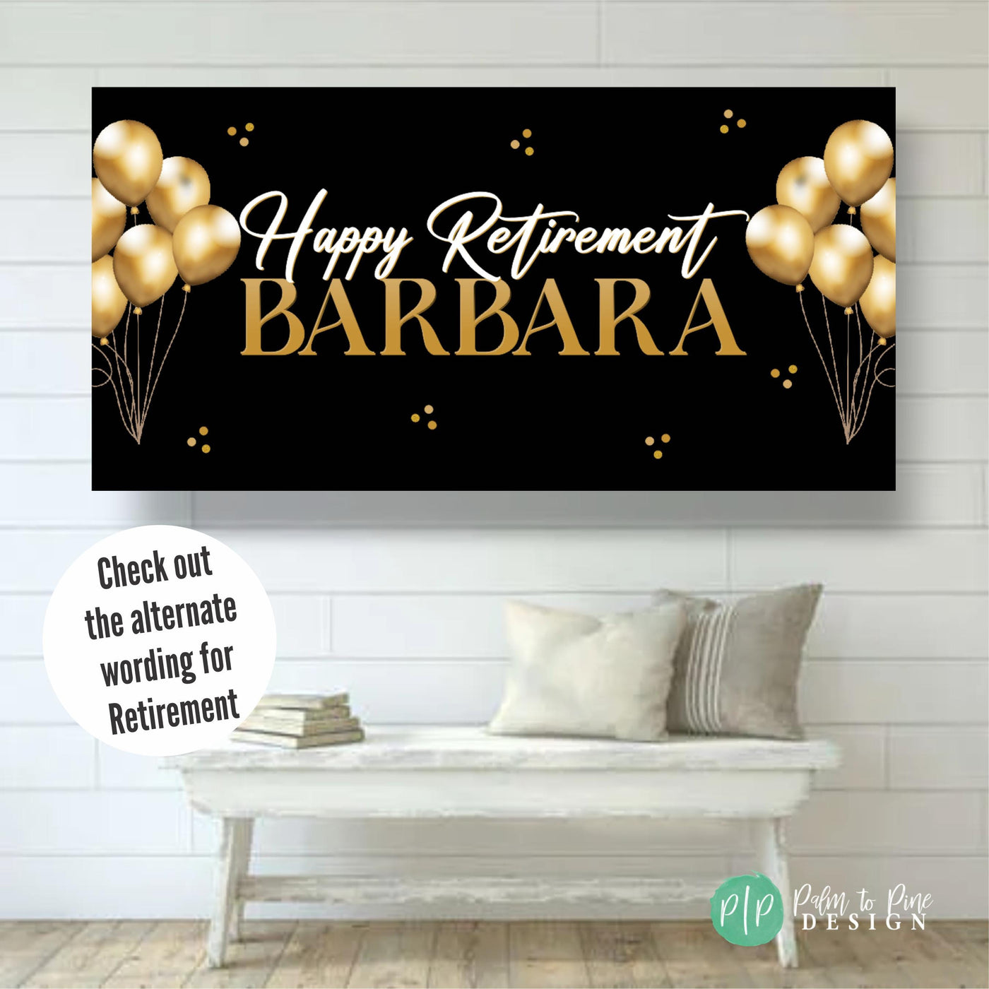 Classy retirement party banner with black background and gold details