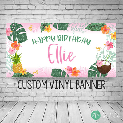 Custom tropical palms party banner in pink and green for birthday or bachelorette party with pineapple and coconut clipart