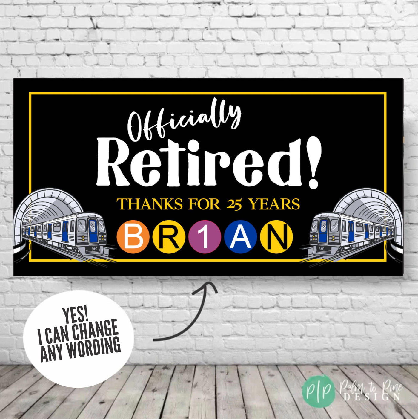 Modern transit retirement banner with two subway trains and personalized name, black and yellow subway map design