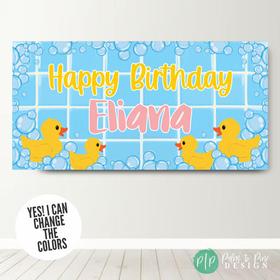 pink and yellow girls rubber duck first birthday banner