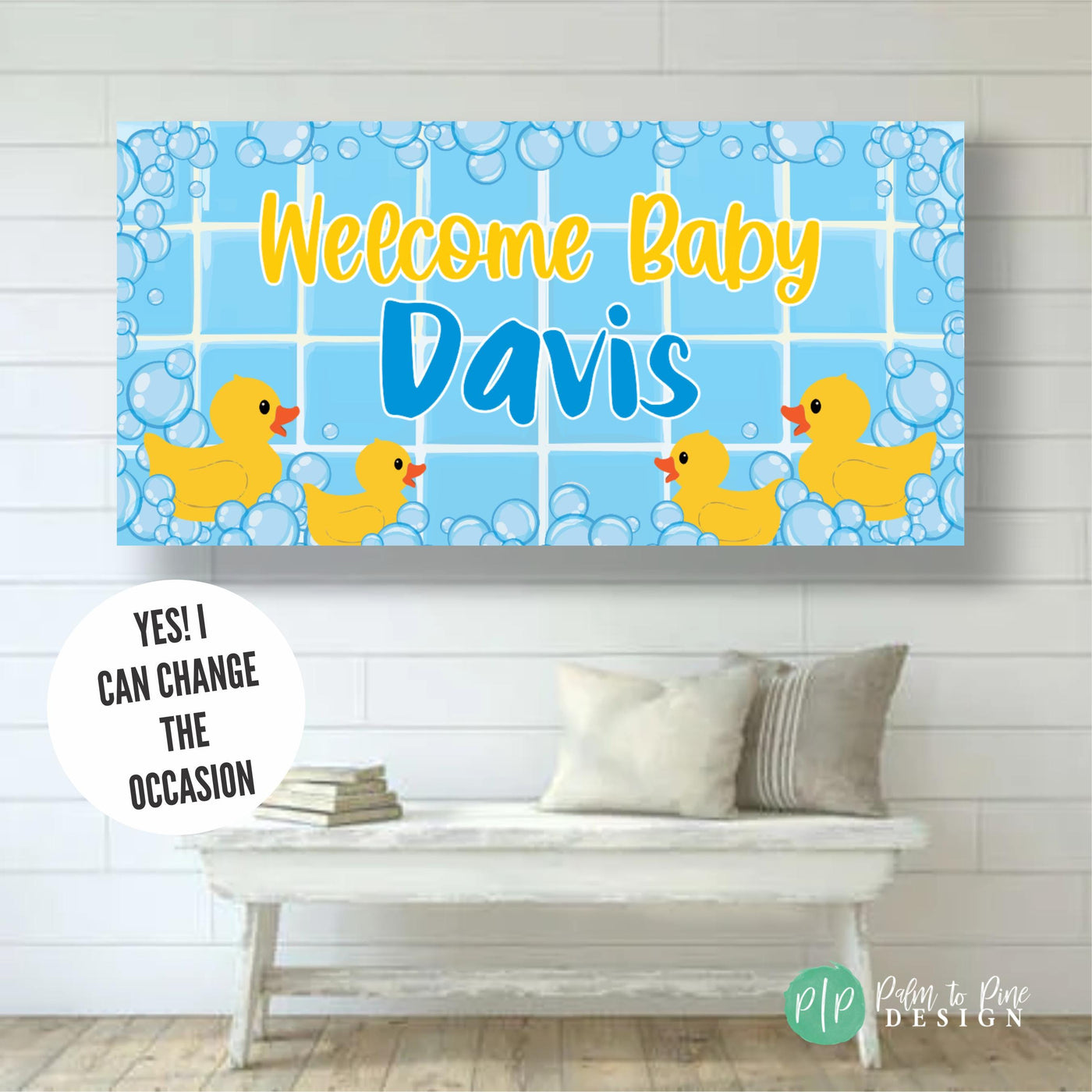 Personalized rubber duck banner with bubbles and yellow ducks