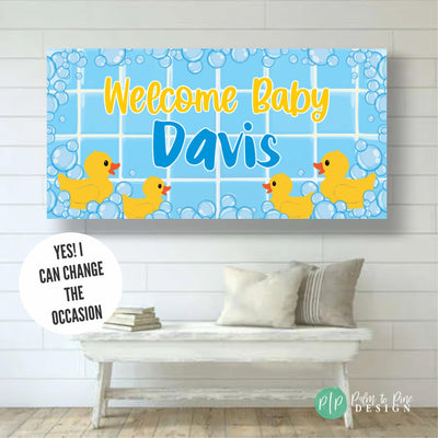 Personalized rubber duck banner with bubbles and yellow ducks