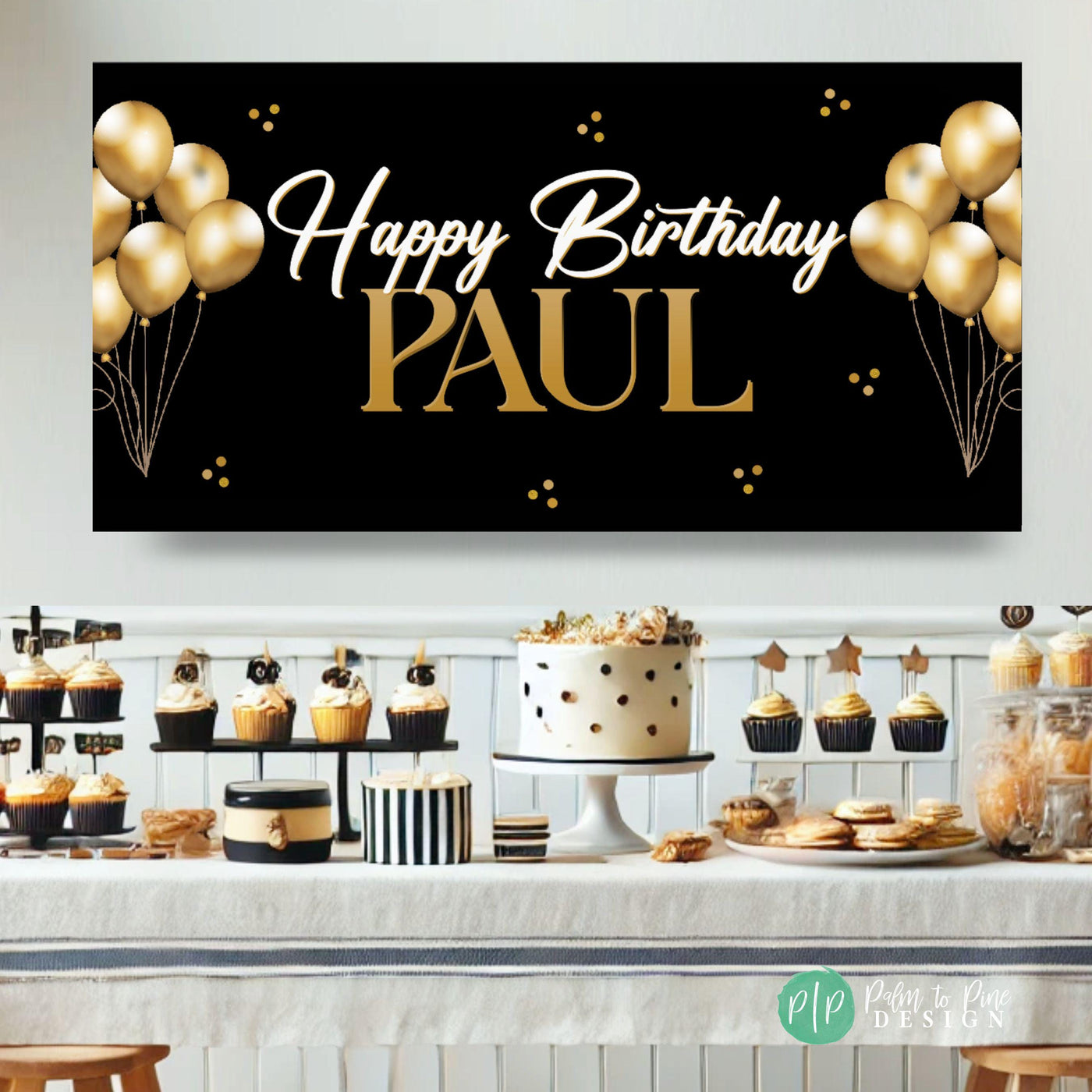 Black and gold event backdrop for dessert table