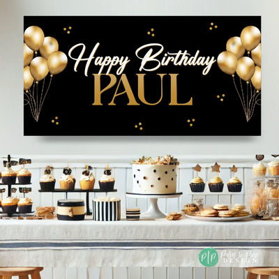 Black and gold event backdrop for dessert table