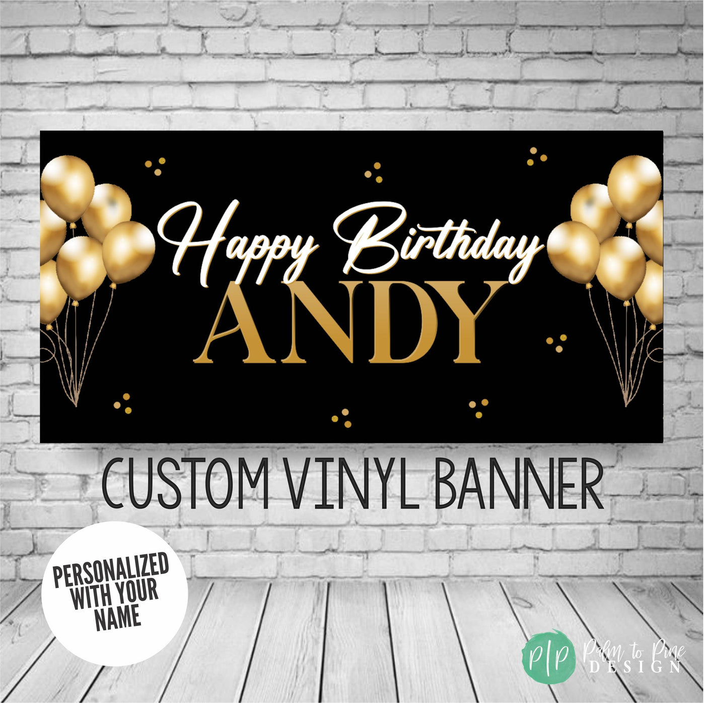 Black and gold personalized birthday banner with balloons