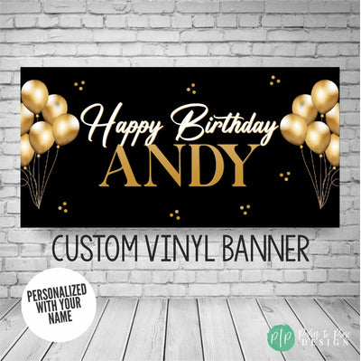 Black and gold personalized birthday banner with balloons