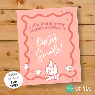 Printable glamping party sign reading “Let’s Roast Some Marshmallows and Party S’more” in coral and pink