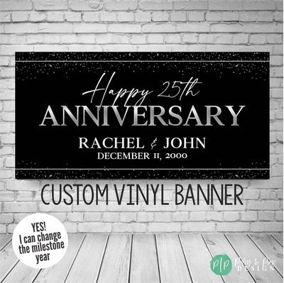 Black and silver 25 years anniversary banner for elegant party