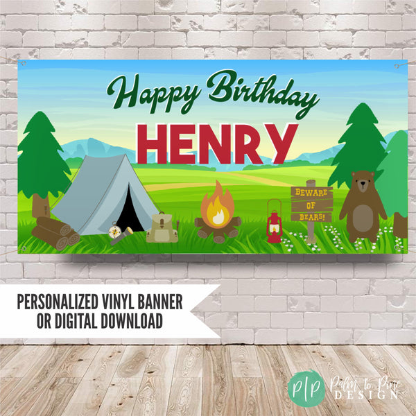 camping birthday banner for kids outdoor party