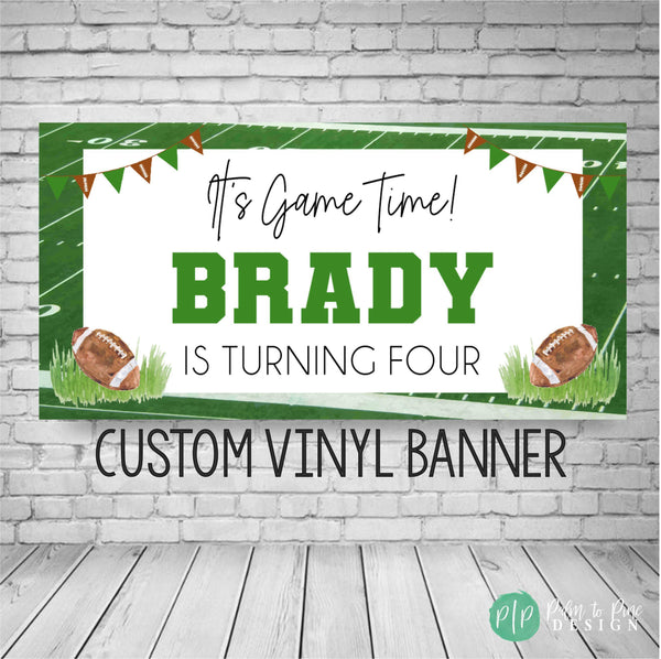 Modern football birthday banner with watercolor green field, pennant flags, and footballs for a boys sports themed birthday party