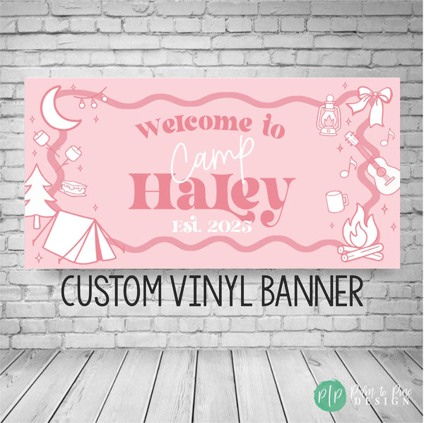 Preppy girls glamping birthday banner backdrop