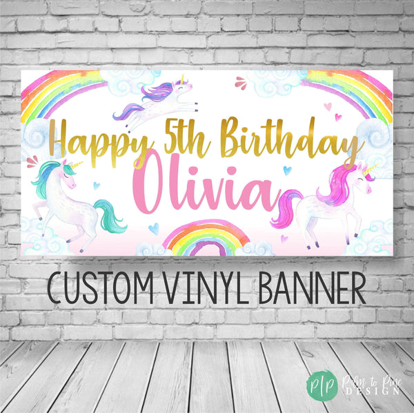 Watercolor unicorn birthday banner with pastel rainbows and magical stars, perfect for a whimsical party backdrop
