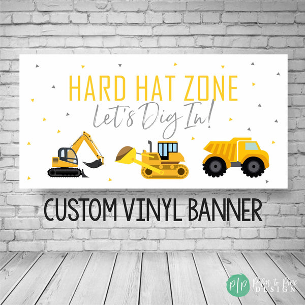 Hard Hat Zone Let's Dig In Birthday Party Banner with Construction Vehicles